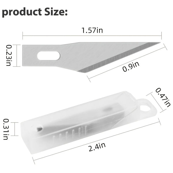 A precision craft knife blade and a clear plastic ruler are shown with their respective dimensions.