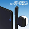 A black pen holder is shown next to a dark writing tablet, illustrating how to prevent pen loss.