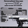 A set of personalized transparent PBT keycaps for a firearm, displayed with various layouts.