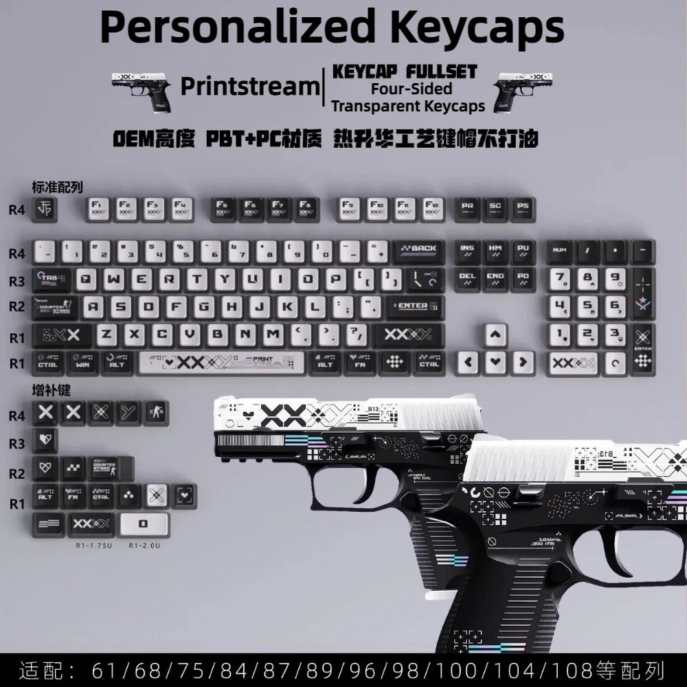 A set of personalized transparent PBT keycaps for a firearm, displayed with various layouts.