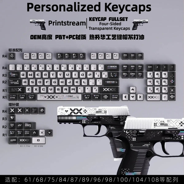 A set of personalized transparent PBT keycaps for a firearm, displayed with various layouts.