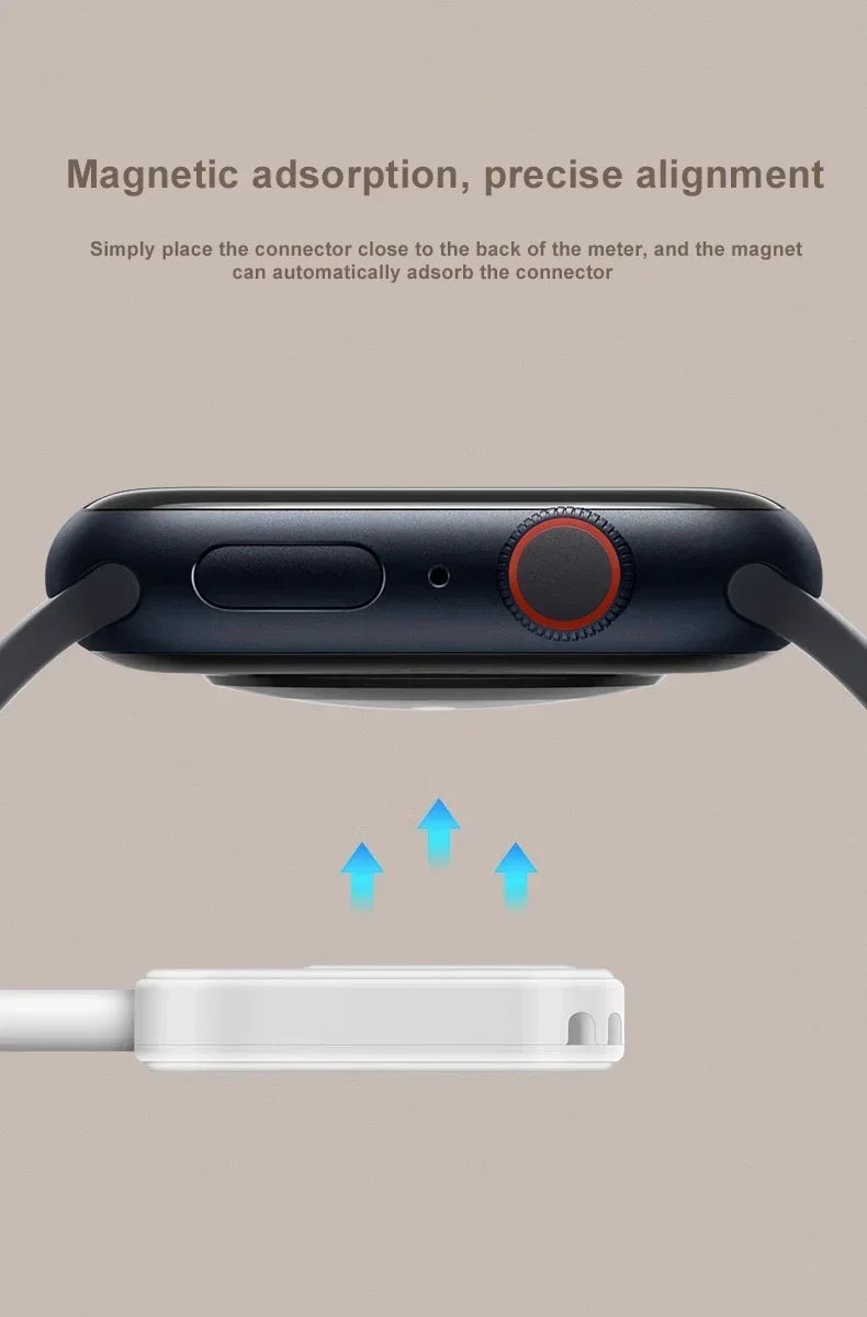 A black magnetic wireless charger is shown above a white connector, illustrating magnetic adsorption for precise alignment.
