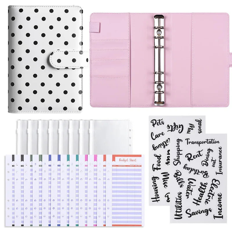 A pink reusable PU leather binder with multiple pockets and a clear plastic cover.