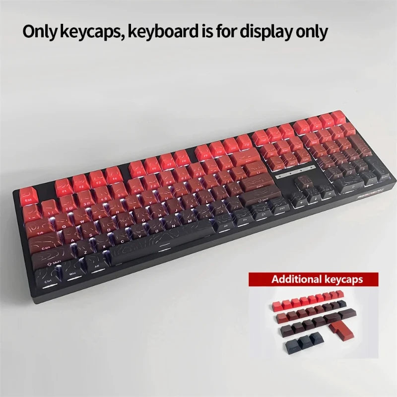 A close-up view of a black mechanical keyboard featuring various PBT keycaps in red, purple, and black colors.
