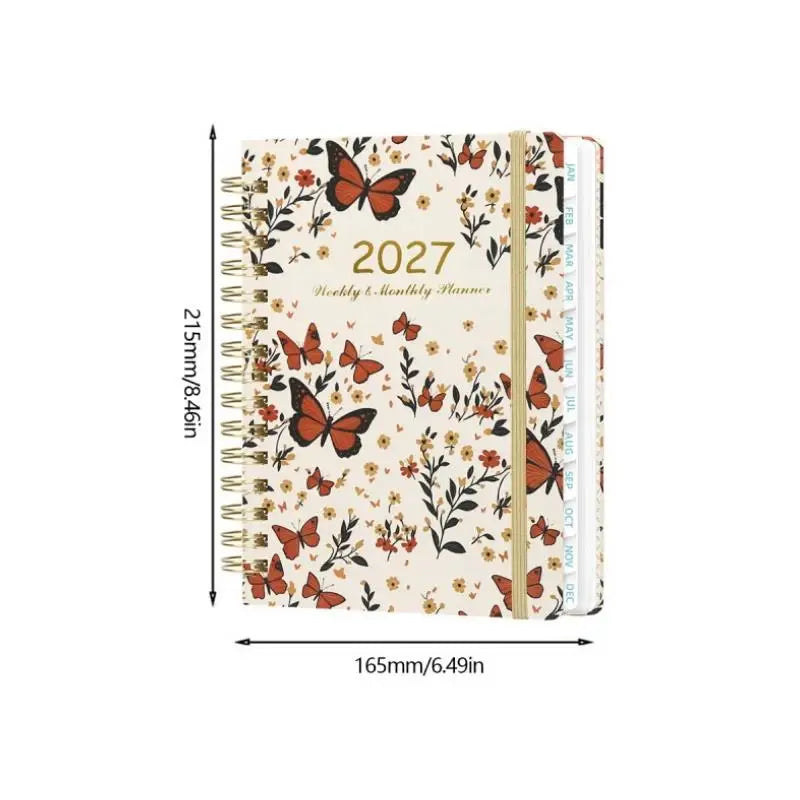 A5 spiral bound planner featuring floral and butterfly designs with monthly tabs for 2027
