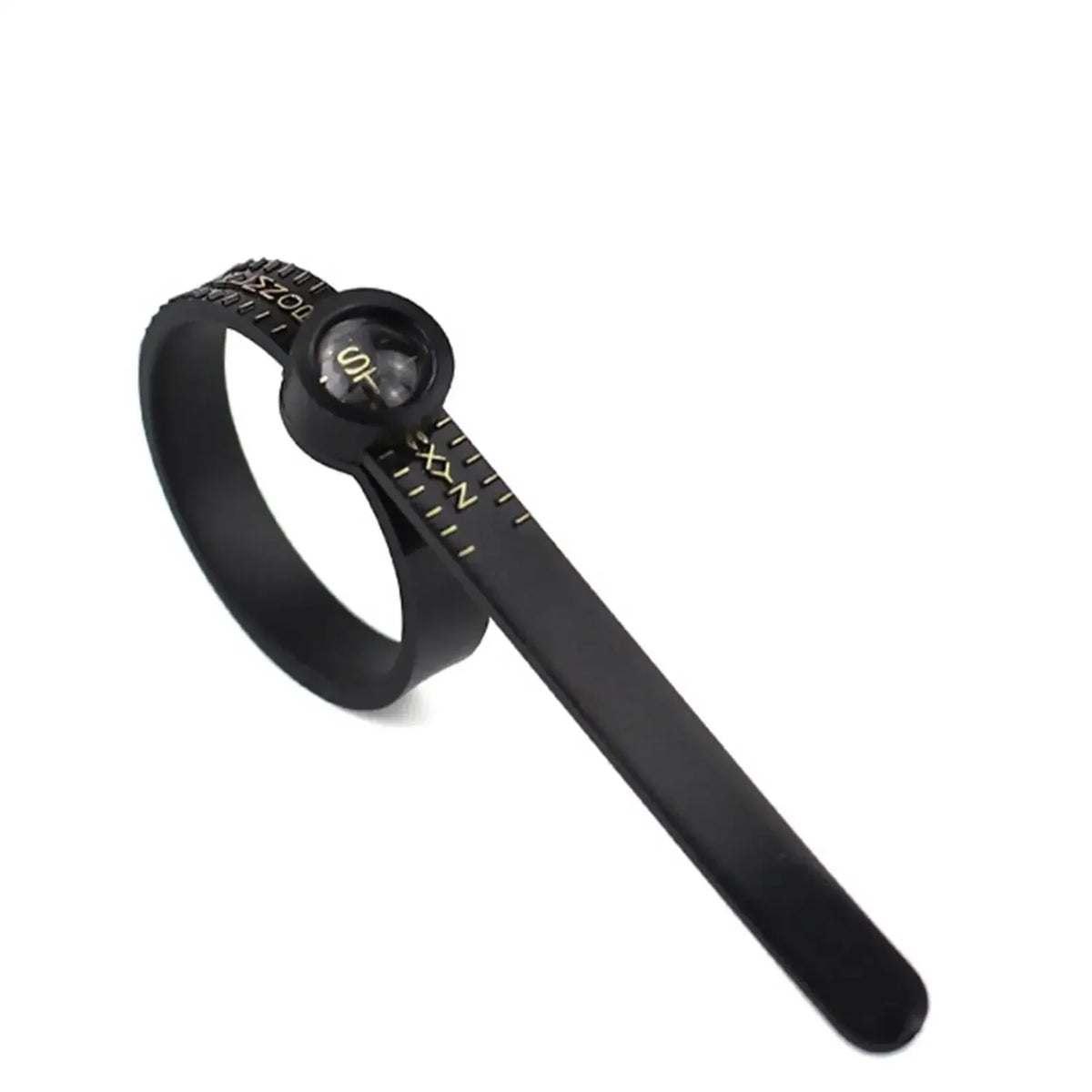 A black ring sizer and measuring tool with a magnifier is shown on a white background.