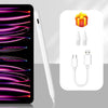 A white precision magnetic stylus pen shown next to a packaged set of stylus tips and charging cable.