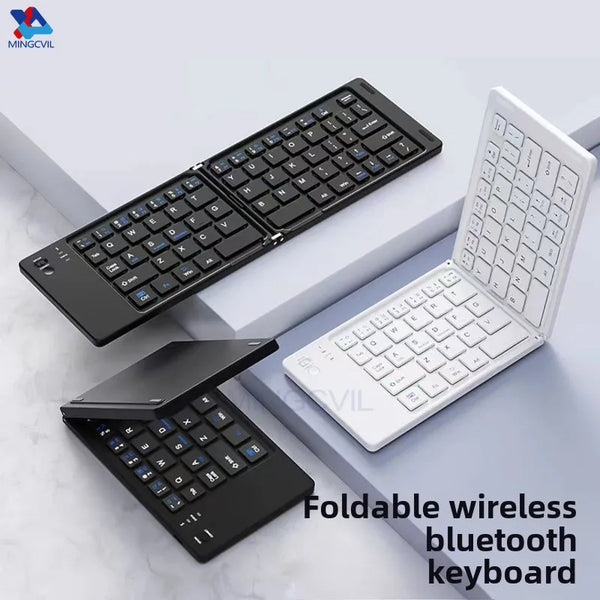 A black foldable wireless bluetooth keyboard is shown alongside its separate components and a laptop.
