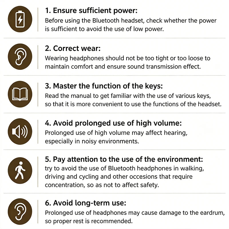 A list of six tips for using Bluetooth headphones, including ensuring power, correct wear, mastering keys, avoiding high volu