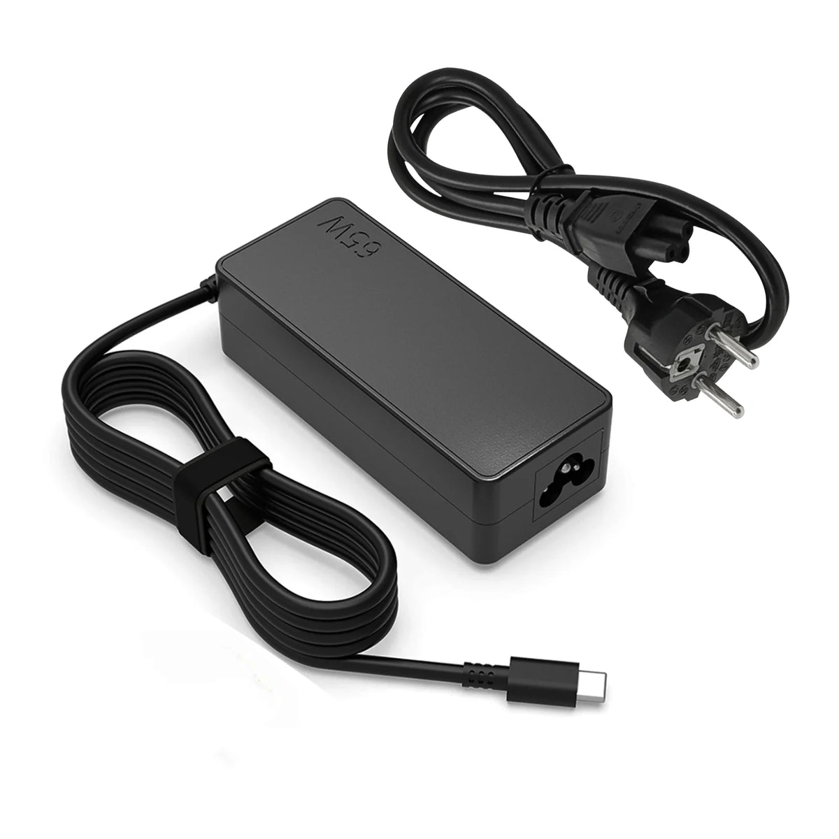 A black 65W USB-C laptop charger adapter with a cable and connector is shown on a white background.