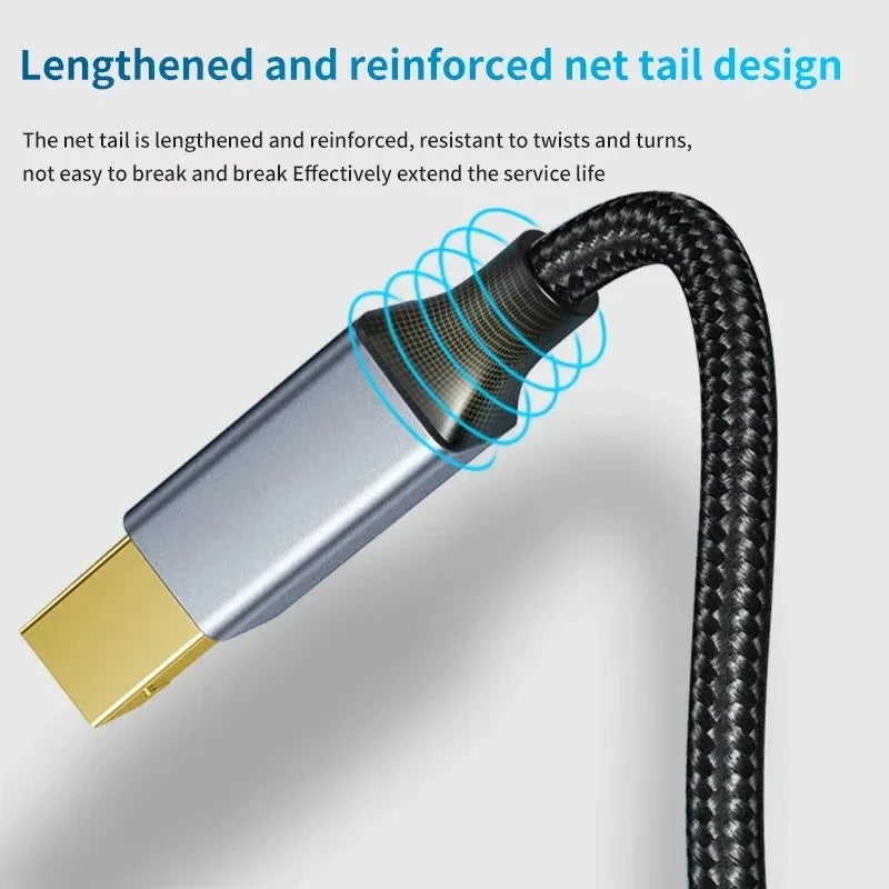 A close-up view of a lengthened and reinforced net tail design on a USB cable.