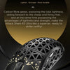 A black carbon fiber wireless gaming mouse is shown against a dark background.