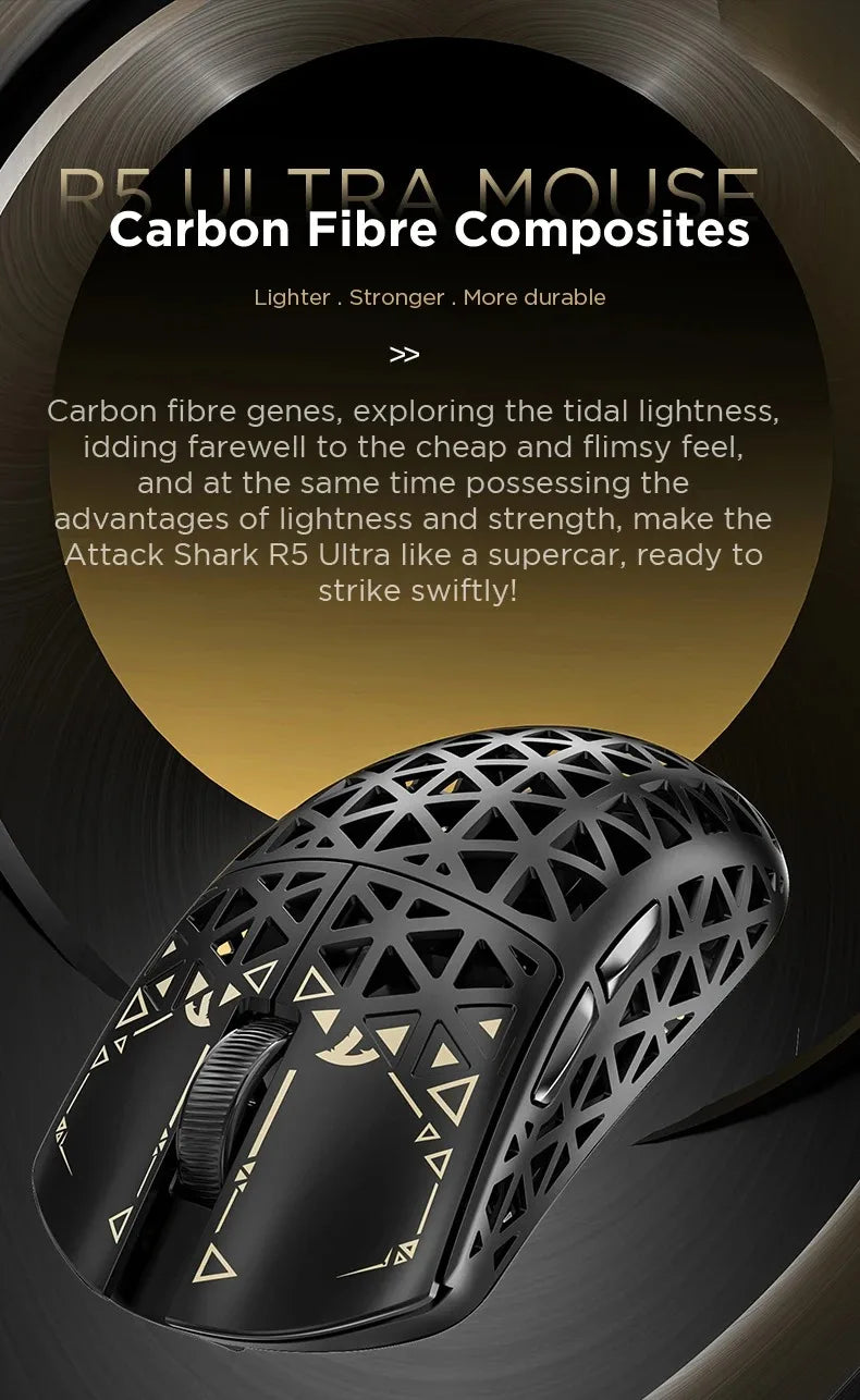 A black carbon fiber wireless gaming mouse is shown against a dark background.