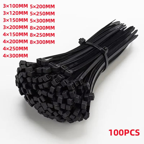 A bundle of black heavy-duty nylon cable ties with various sizes and self-locking designs.