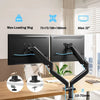Black ergonomic dual monitor mount with full motion adjustment showing load capacity and dimensions