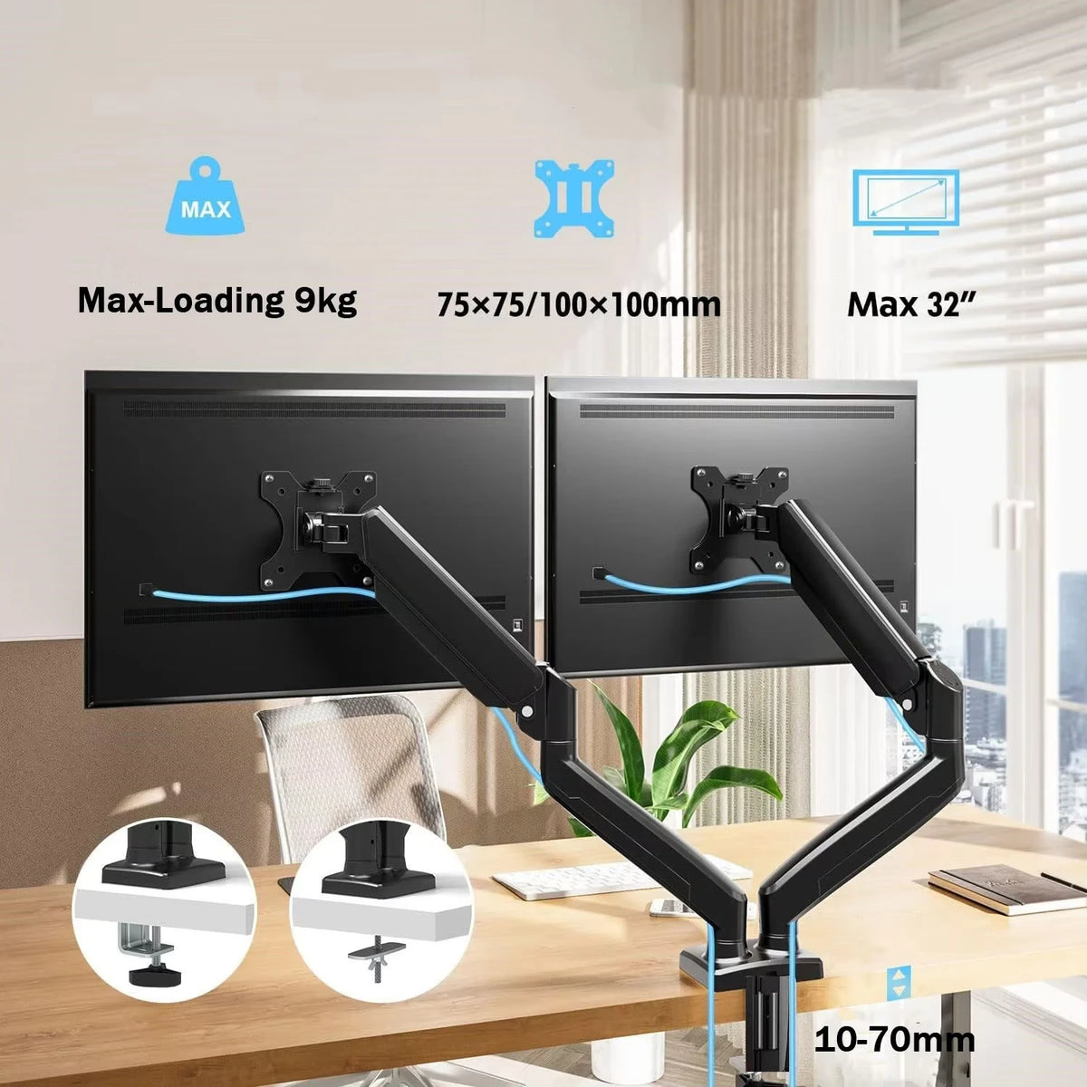 Black ergonomic dual monitor mount with full motion adjustment showing load capacity and dimensions