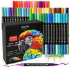 A set of dual-tip acrylic paint markers in various colors packaged in a black box.