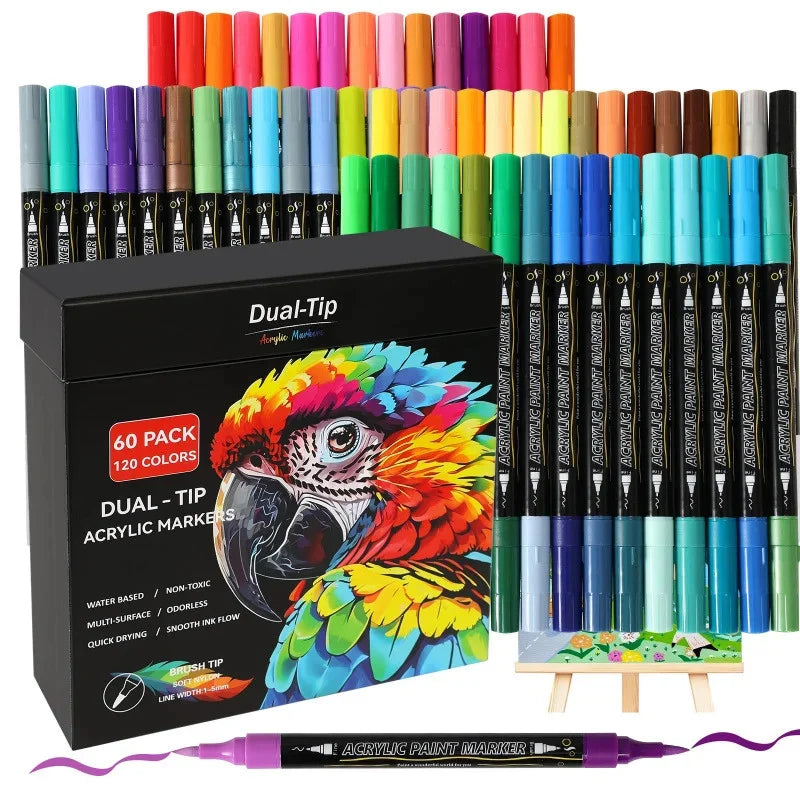 A set of dual-tip acrylic paint markers in various colors packaged in a black box.