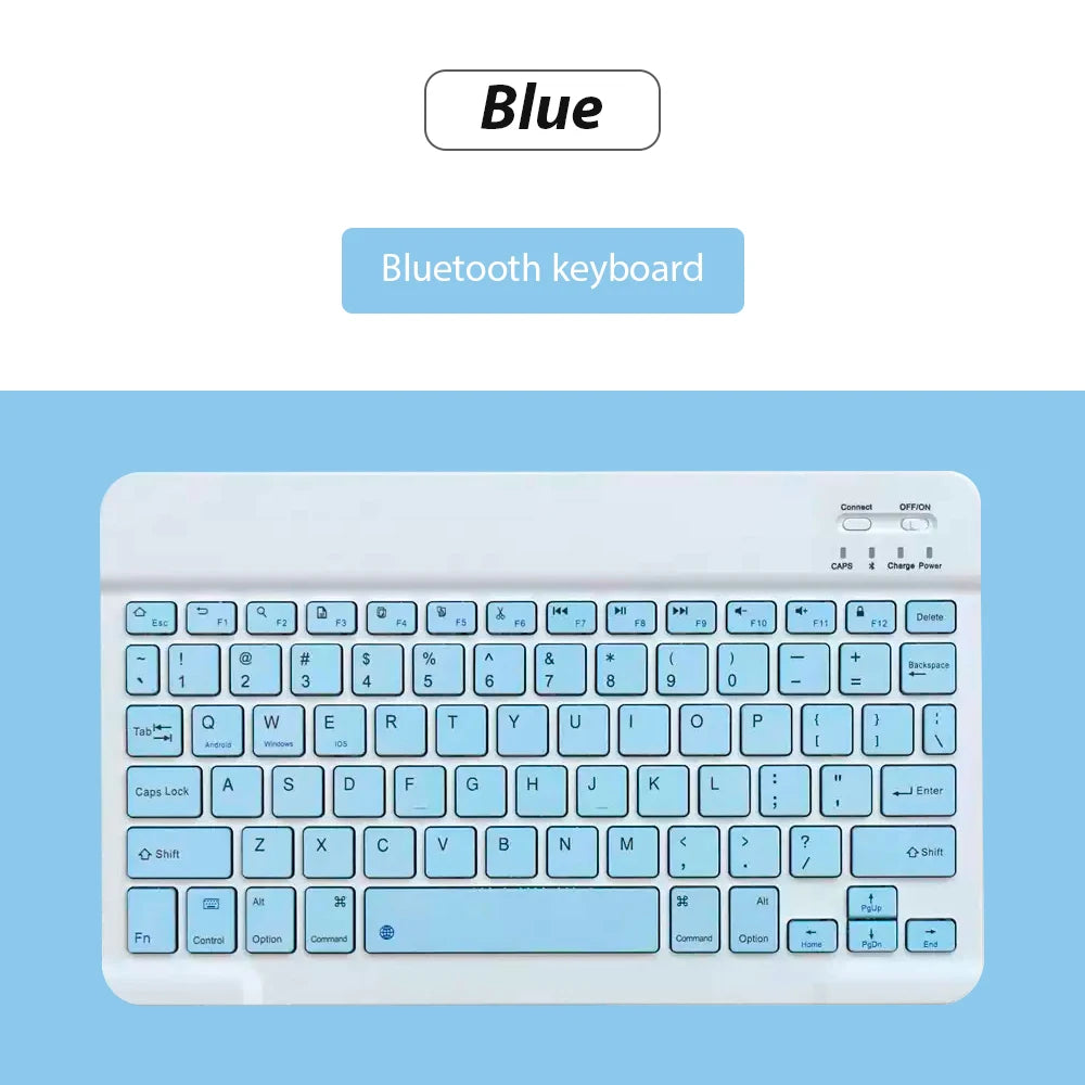 Weißes Bluetooth-Tastature mit blauem Etikett und Nahaufnahme der Tasten.