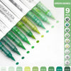 A set of nine green acrylic brush markers with automatic ink control in various shades and colors.
