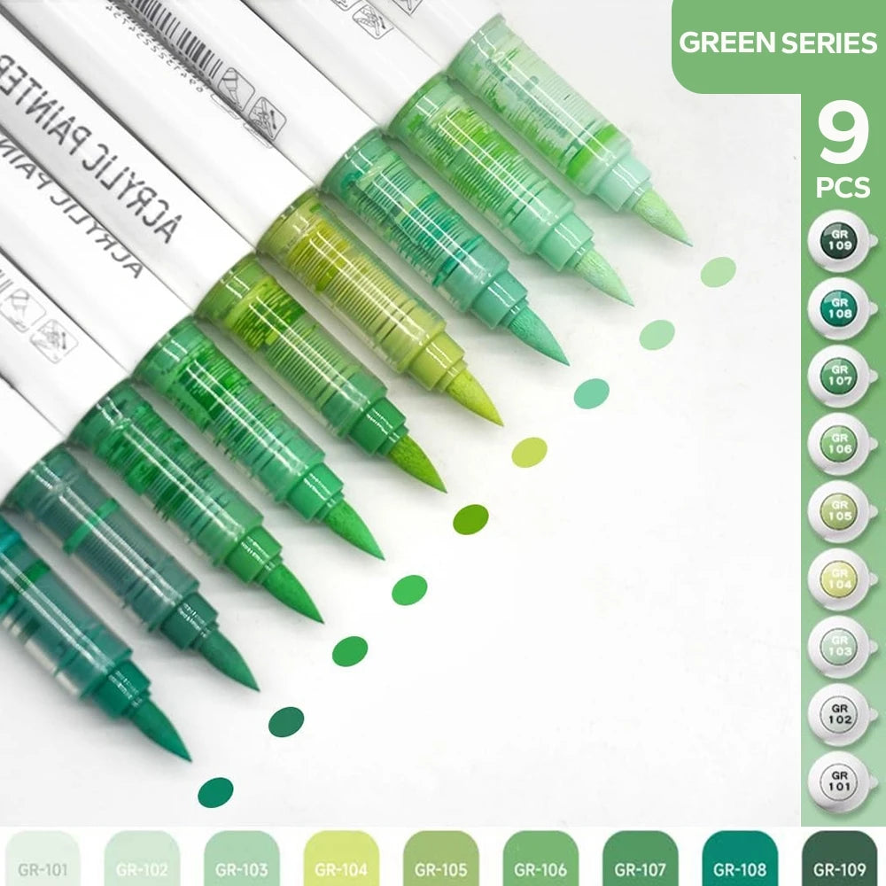 A set of nine green acrylic brush markers with automatic ink control in various shades and colors.