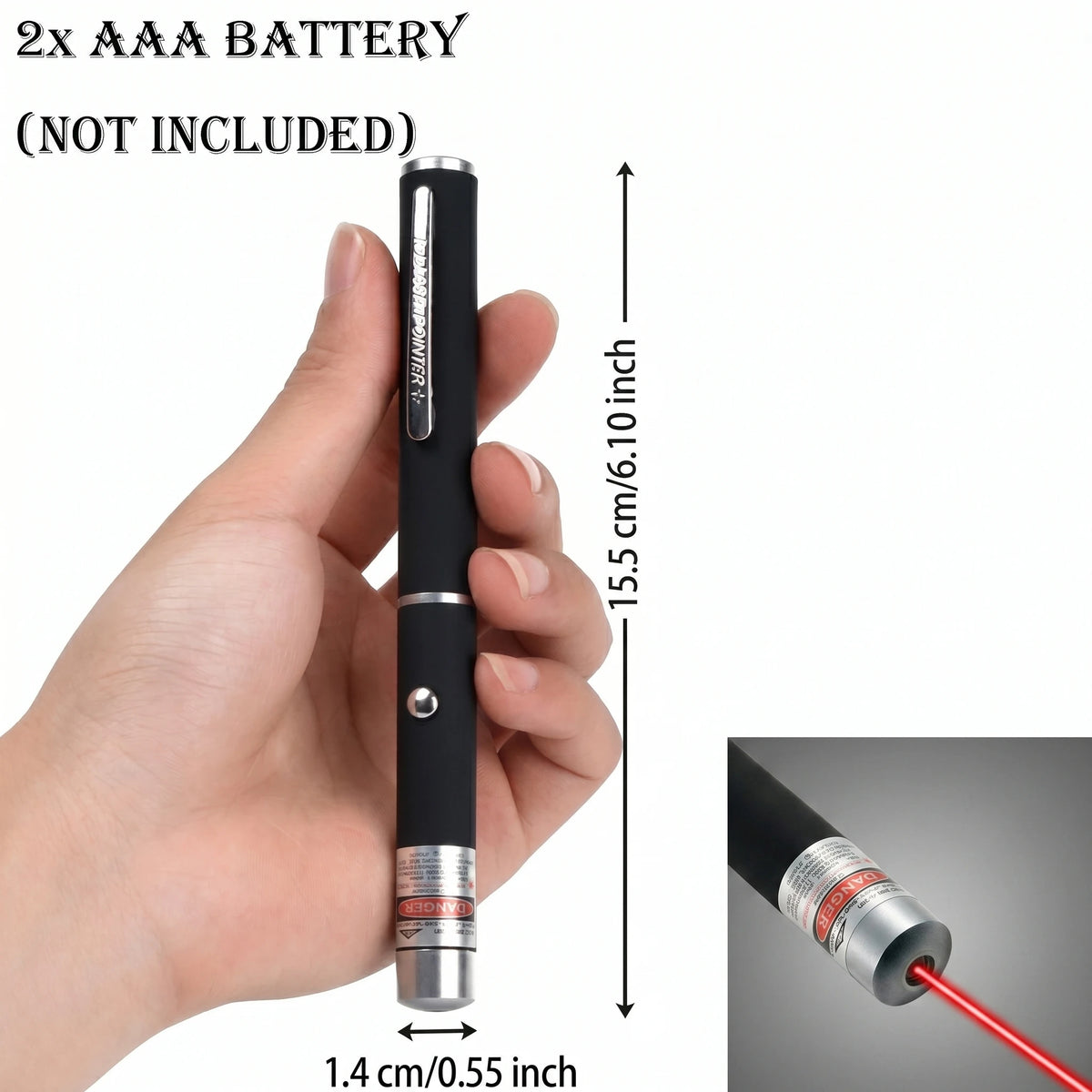 A black interactive pet training pen is held in a hand, showing its length and diameter.