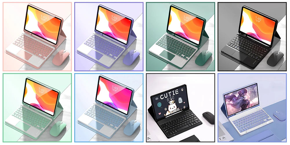 Collection de combinaisons claviers et souris Bluetooth universels dans diverses couleurs et contextes d'ordinateur portable.
