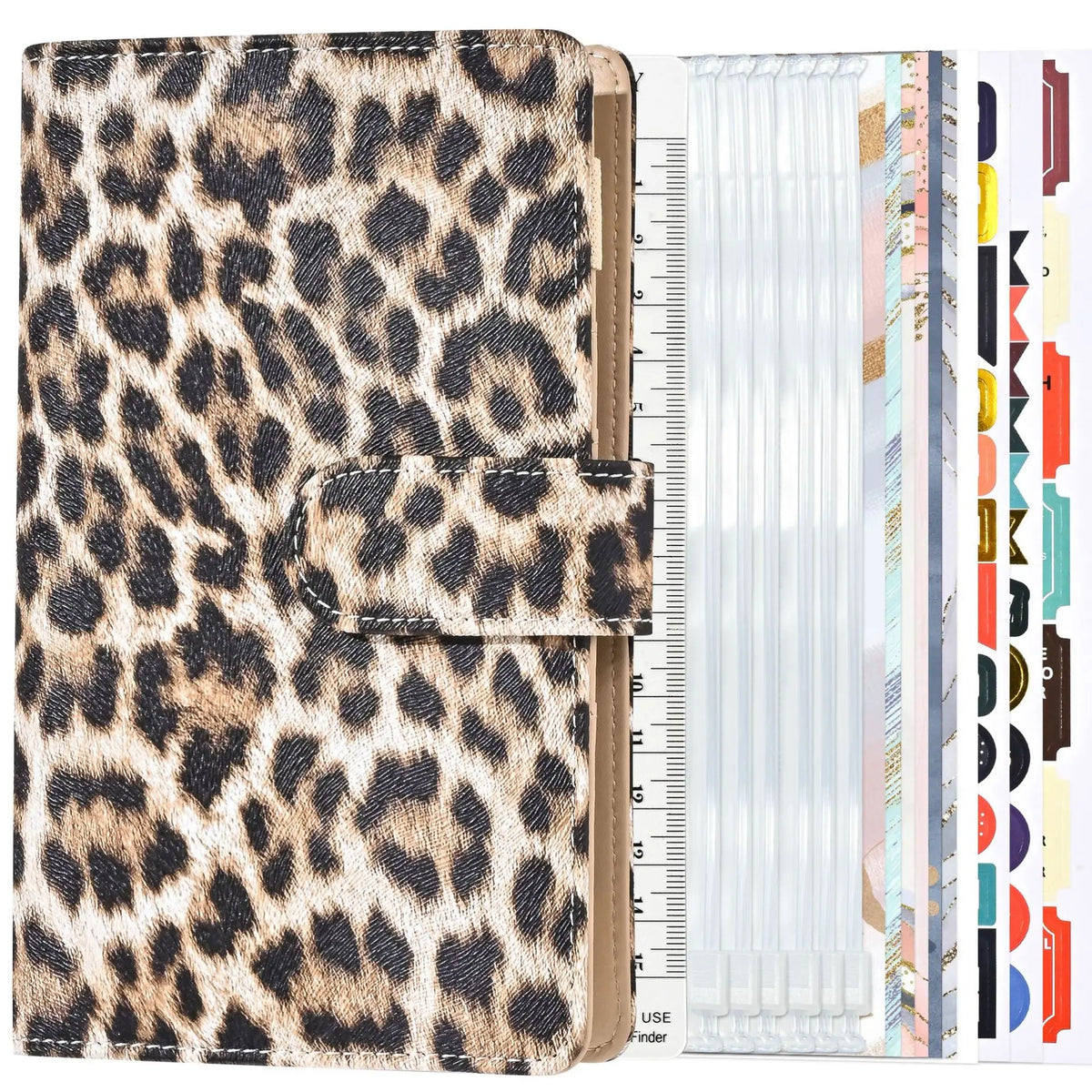 Leopardenmuster-Budgetplaner mit Lederhülle und klaren Plastiktaschen.