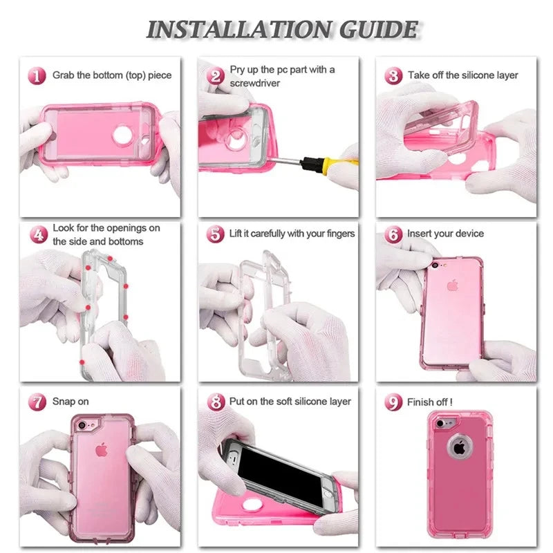 Installation guide showing steps to install a clear shockproof case on an iPhone.