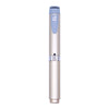 A reusable injection pen with an adjustable cartridge in a metallic finish and light blue cap.