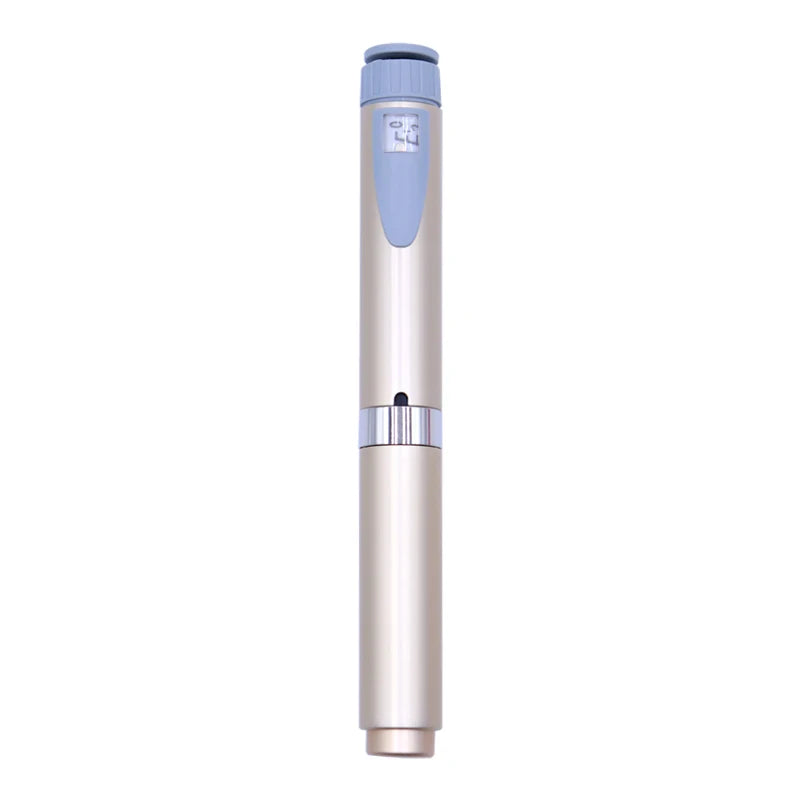 A reusable injection pen with an adjustable cartridge in a metallic finish and light blue cap.