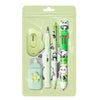 A set of cute cartoon school stationery items including pencils and erasers packaged in a clear plastic pouch.