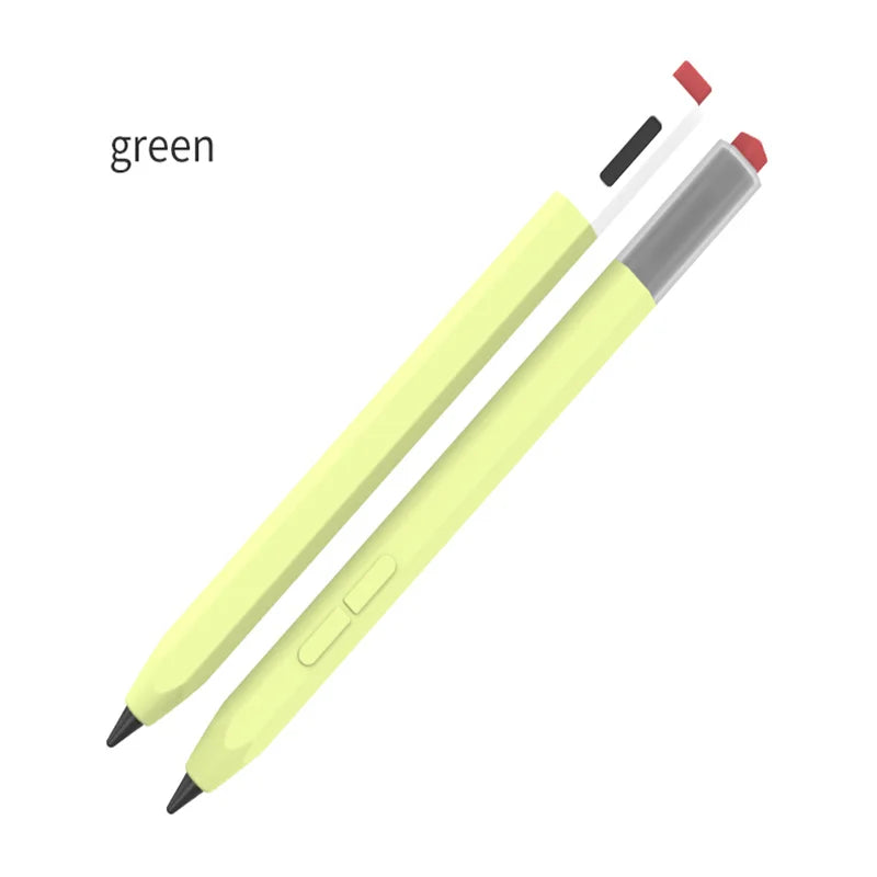 Coque de silicone jaune protectrice pour stylet avec pointe noire et rouge.