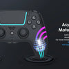 A black PlayStation controller with purple and cyan asymmetric motor vibration features is displayed against a dark backgroun