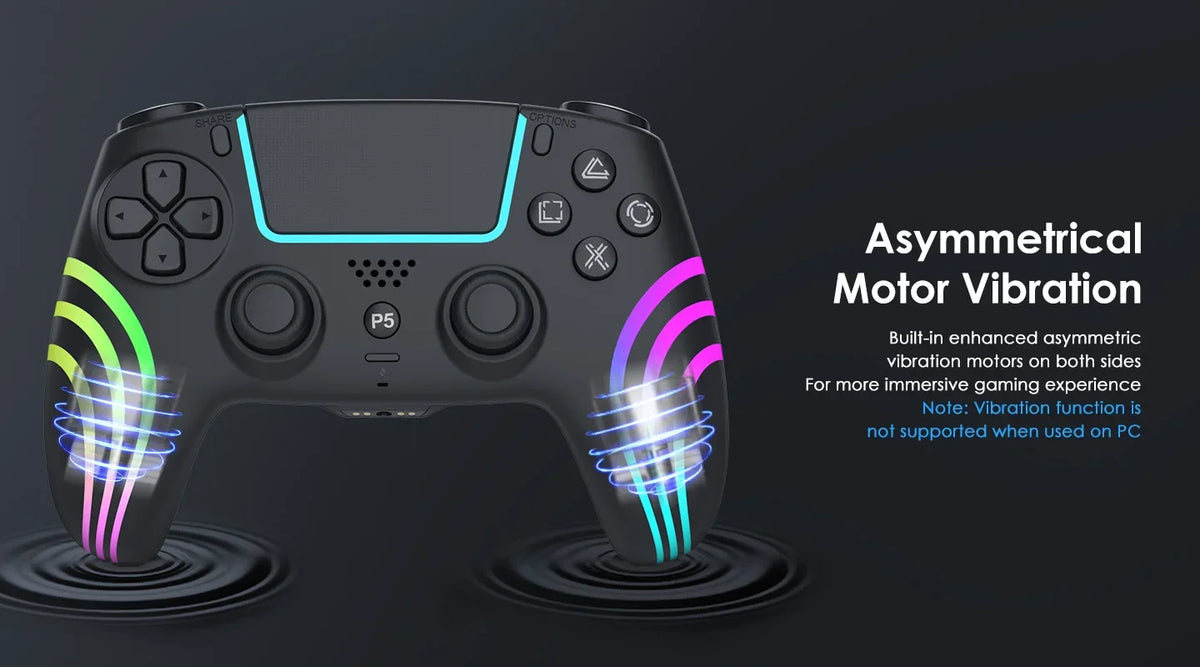 A black PlayStation controller with purple and cyan asymmetric motor vibration features is displayed against a dark backgroun