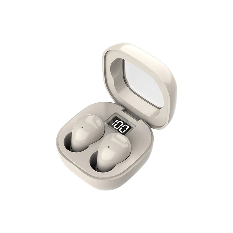 A white mini Bluetooth earphone case is open, revealing a single white earphone inside.