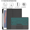 A black Bluetooth keyboard case for an iPad, showing various features like auto sleep/wake and anti-fingerprints.