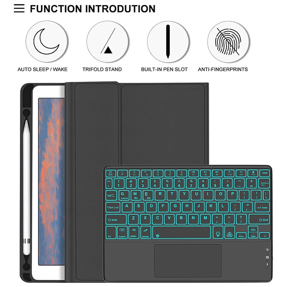 A black Bluetooth keyboard case for an iPad, showing various features like auto sleep/wake and anti-fingerprints.