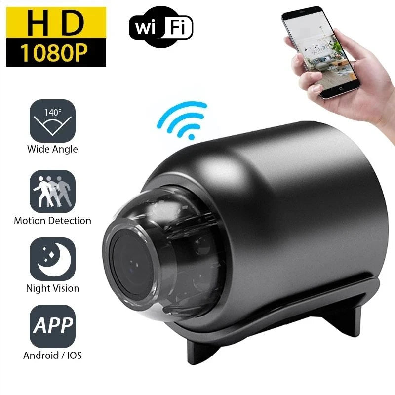 A black HD 1080P wireless security camera with a wide angle lens and motion detection features.