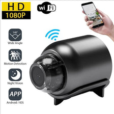 Caméra de sécurité sans fil HD 1080P noire avec objectif grand angle et détection de mouvement.