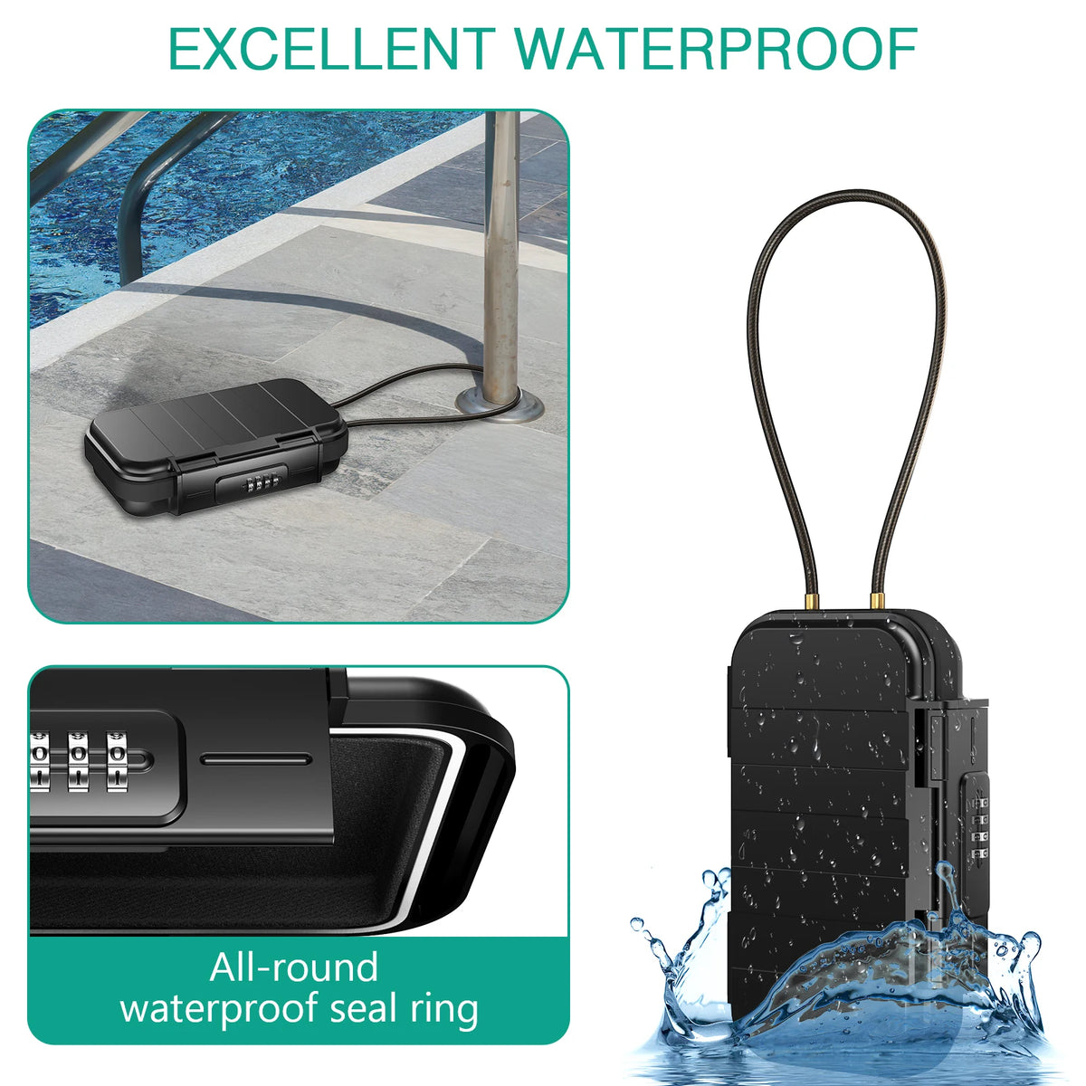 A black portable combination lock box with an all-round waterproof seal ring is shown next to water splashing.