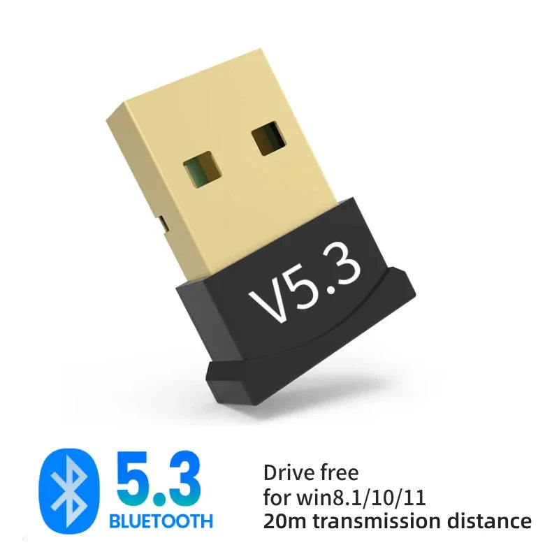 A beige USB adapter labeled V5.3 with text indicating 5.3 Bluetooth and a 20m transmission distance.