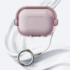 A pink silicone lock case for AirPods is shown resting on a white surface.