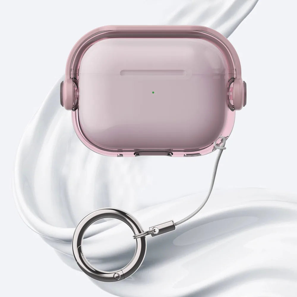 A pink silicone lock case for AirPods is shown resting on a white surface.