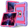 A pink and purple durable silicone protective case with a stand for an iPad is shown.