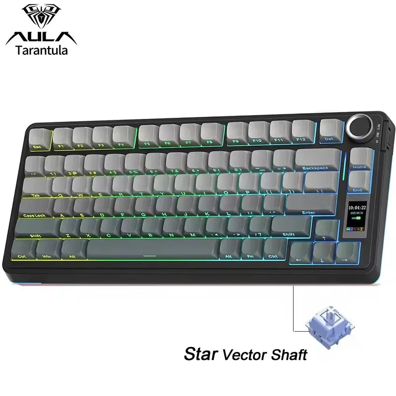 A black mechanical gaming keyboard featuring a full layout and a blue Star Vector Shaft component.