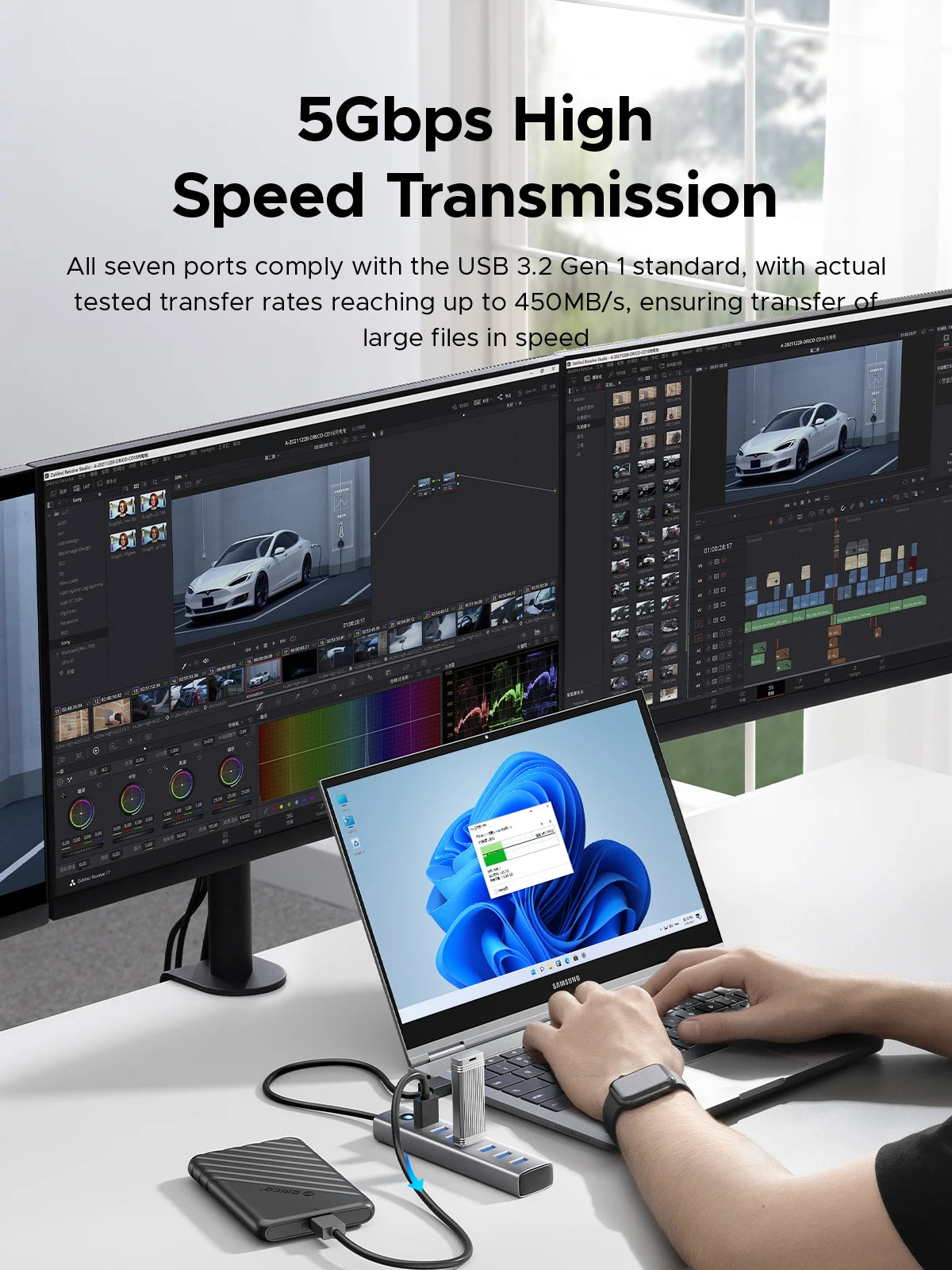 A laptop is connected to a 7-port USB 3.0 hub, demonstrating high-speed data transmission across multiple ports.