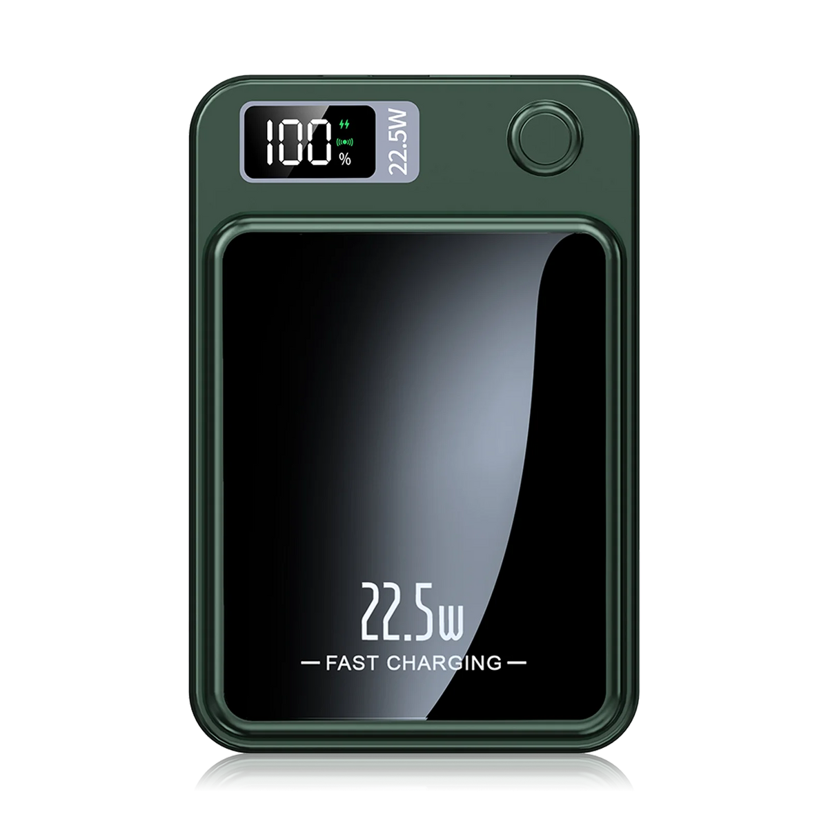 A dark green magnetic wireless power bank with a digital display showing 100% charge and 22.5W fast charging capability.