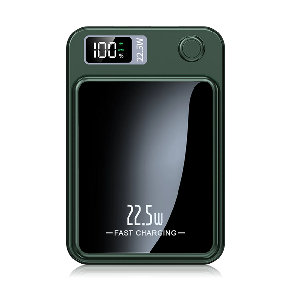 A dark green magnetic wireless power bank with a digital display showing 100% charge and 22.5W fast charging capability.