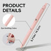 A pink soft touch gel ink pen is shown with details about its eye-soothing colors and dimensions.